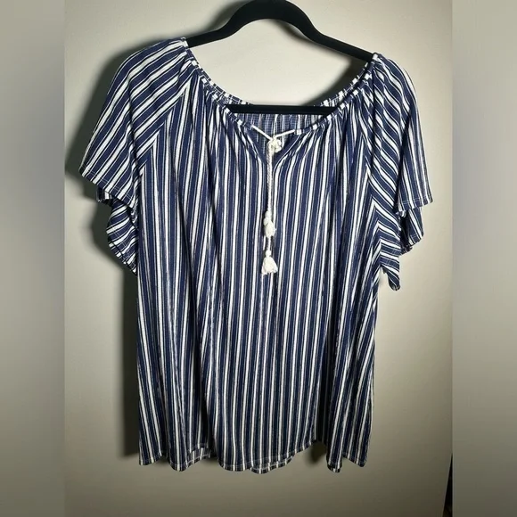 Croft & Barrow Navy White Striped Top 1X - Picture 2 of 6